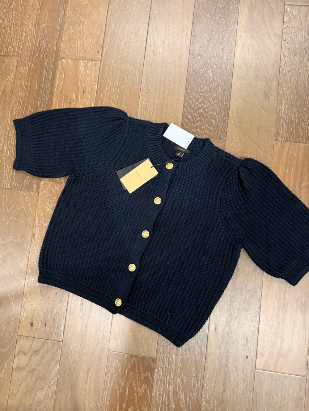 Halogen Navy Button up sweater Textured with Gold Buttons